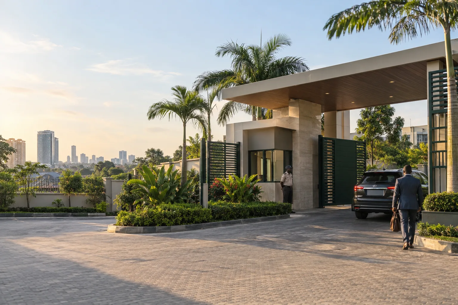 Visitor arriving at a modern facility gate in Lagos
